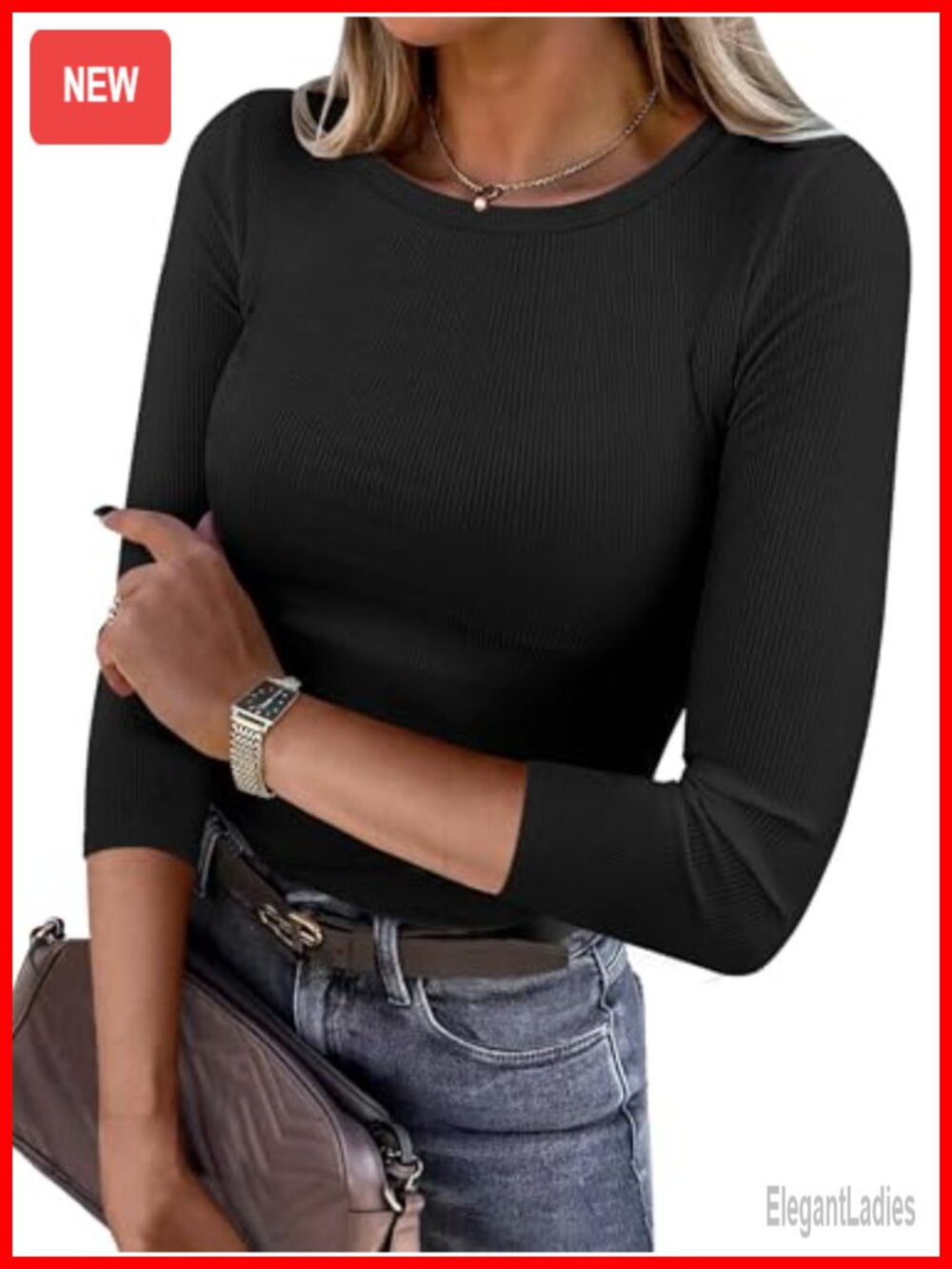 Women's Ribbed Slim Fit 3/4 Sleeve Crew Neck T-Shirt Casual Work Top